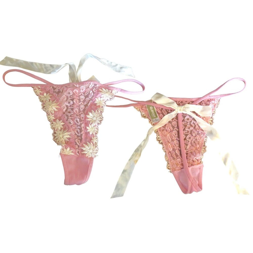 Vintage Glamour Pink Mesh Embroidered Thong Panties Satin Back Bow Size XL - Picture 1 of 14